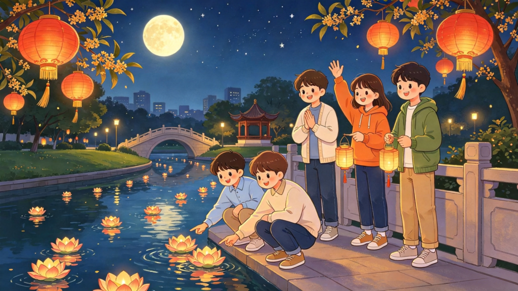 中秋朋友公园放河灯水灯儿童画插画