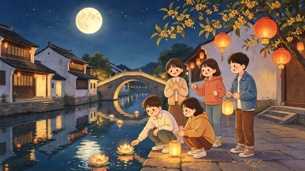 中秋朋友公园放河灯水灯儿童画插画
