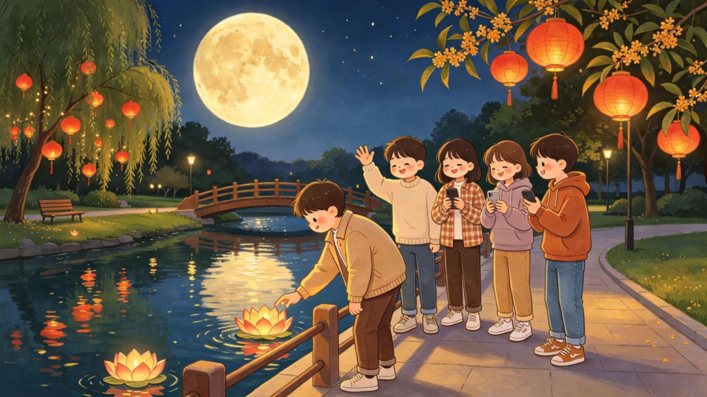 中秋朋友公园放河灯水灯儿童画插画
