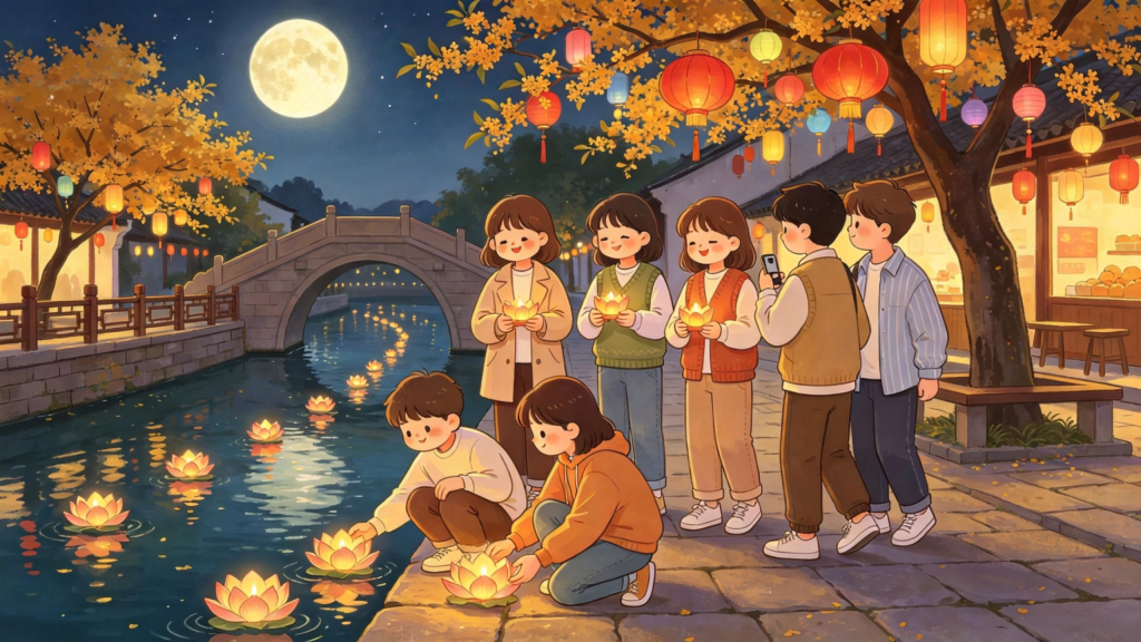 中秋朋友公园放河灯水灯儿童画插画