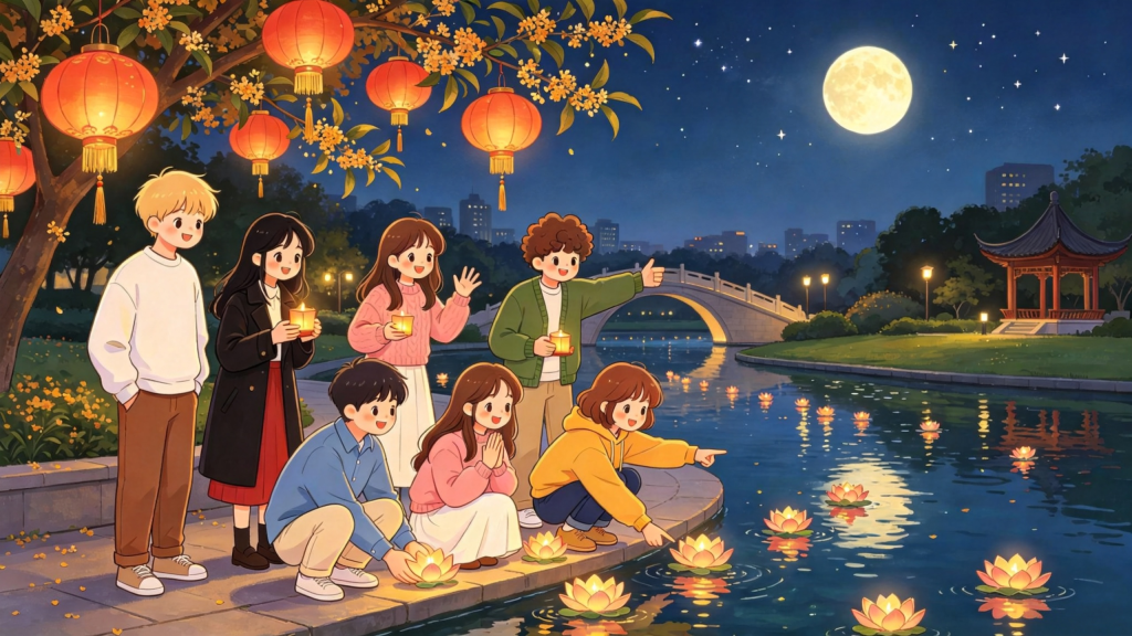 中秋朋友公园放河灯水灯儿童画插画