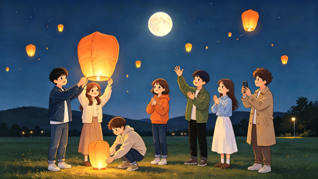中秋朋友放孔明灯儿童画插画