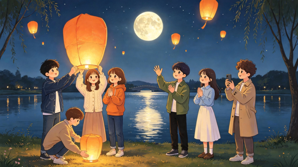 中秋朋友放孔明灯儿童画插画