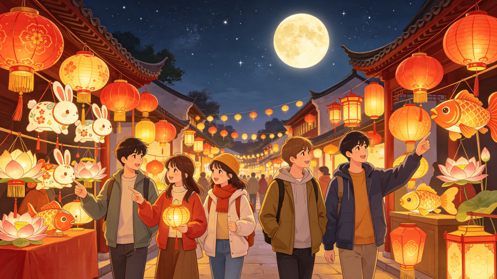 中秋朋友逛灯会漫画风插画