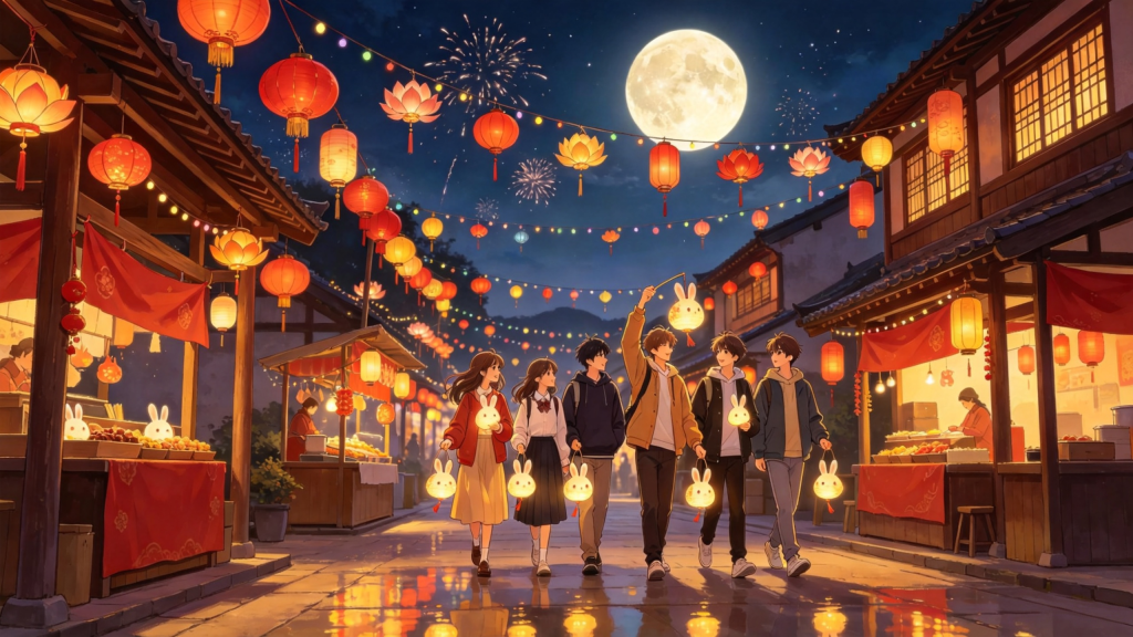 中秋朋友逛庙会漫画风插画