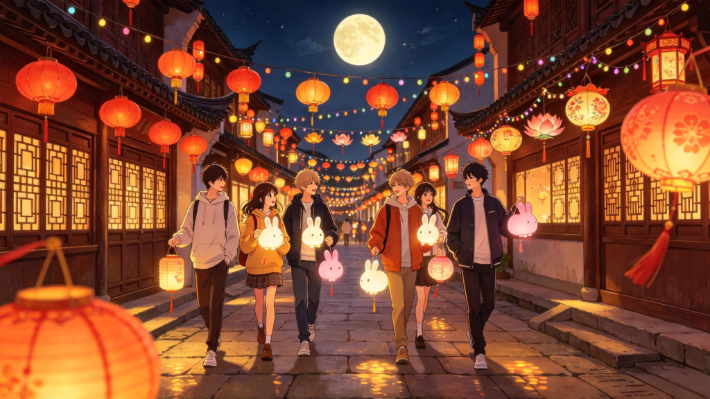 中秋朋友逛夜市漫画风插画
