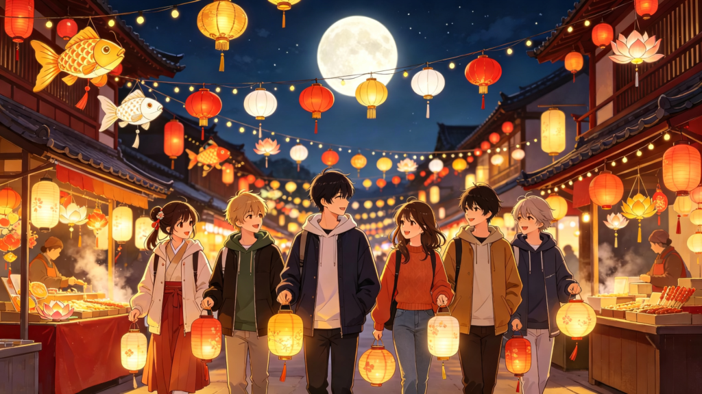 中秋朋友逛夜市漫画风插画