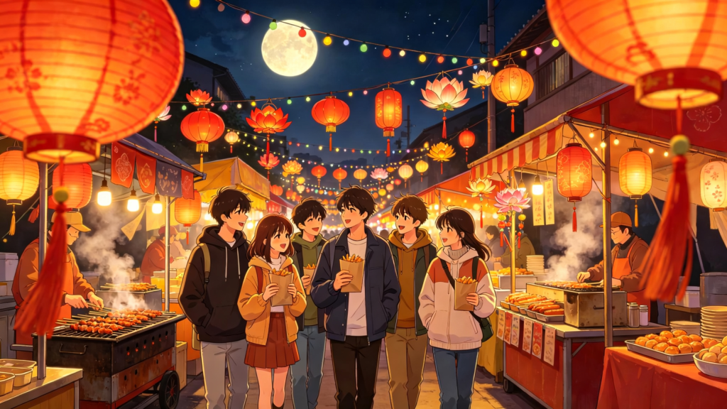 中秋朋友逛夜市漫画风插画
