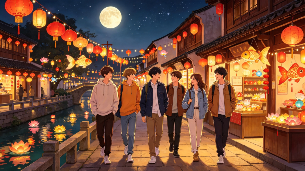 中秋朋友逛夜市漫画风插画