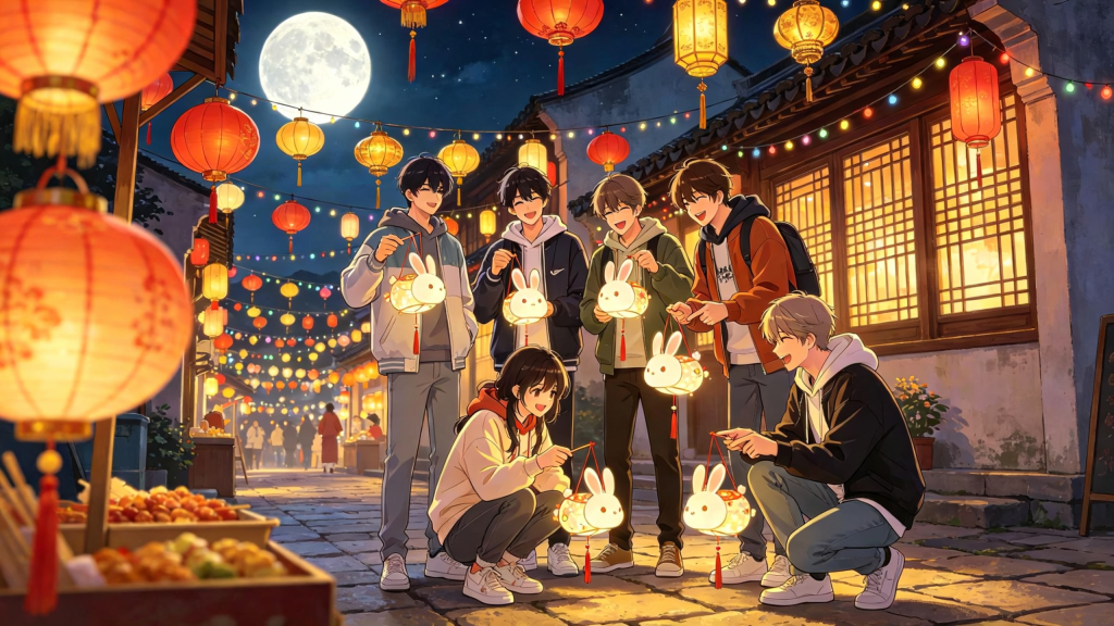 中秋朋友逛夜市漫画风插画
