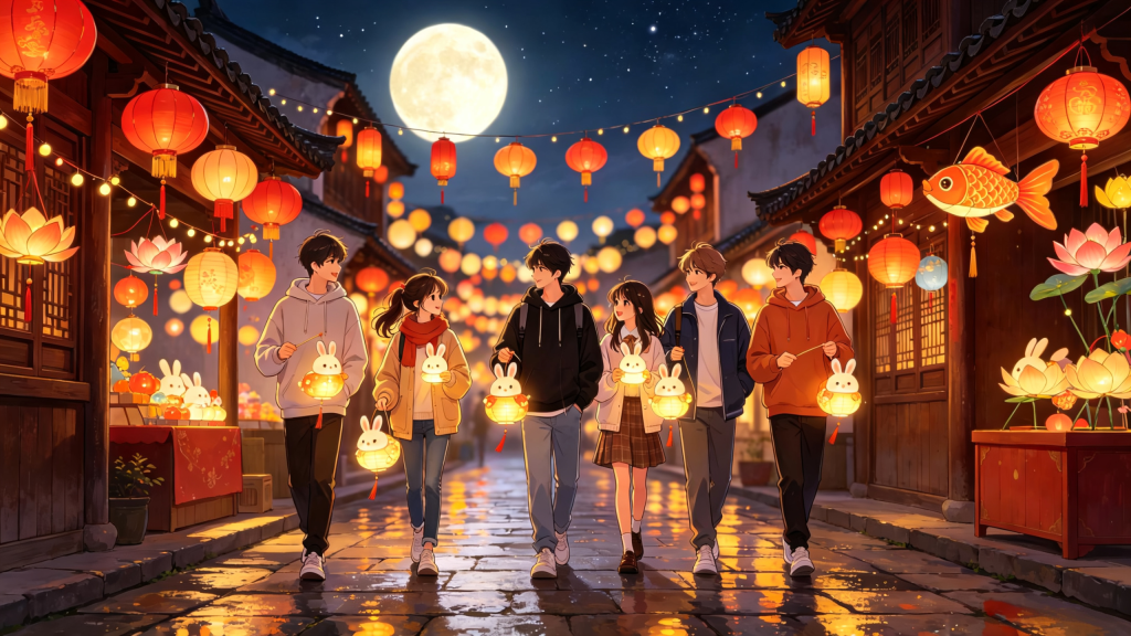 中秋朋友逛夜市漫画风插画