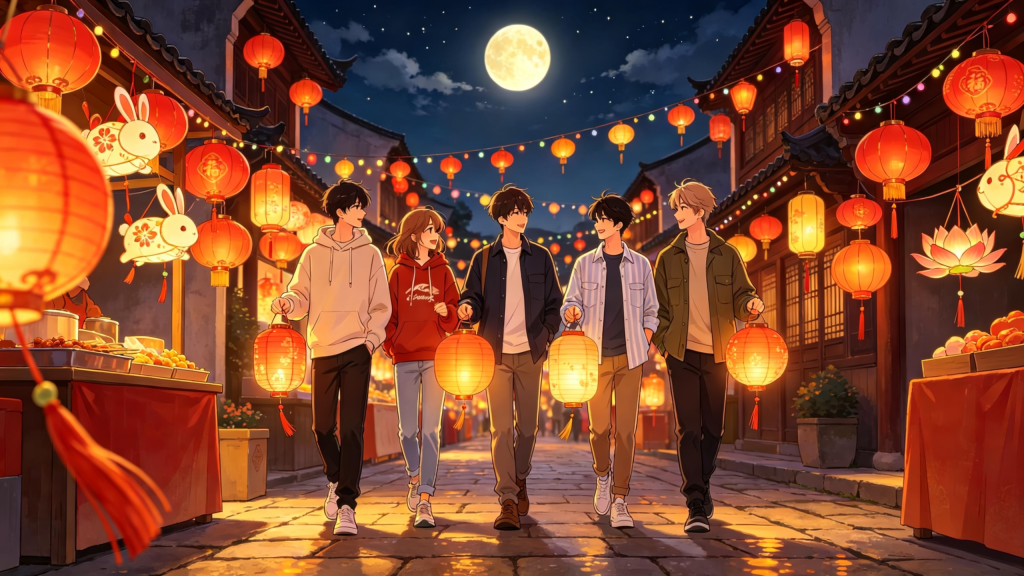 中秋朋友逛夜市漫画风插画