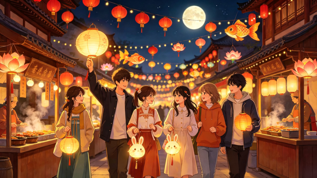 中秋朋友逛夜市漫画风插画