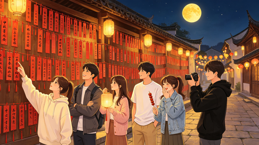 中秋朋友逛庙会漫画风插画