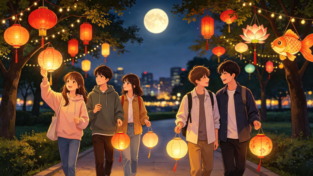 中秋公园朋友逛灯会漫画风插画
