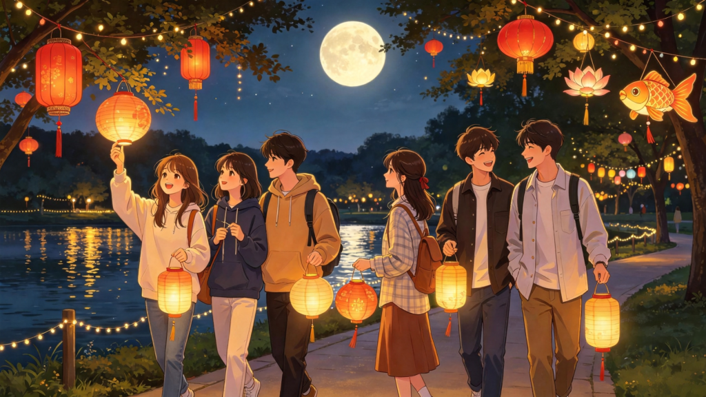 中秋公园朋友逛灯会漫画风插画