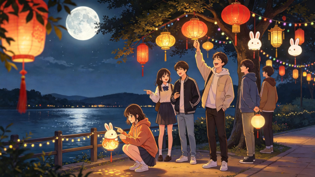 中秋公园朋友放水灯河灯漫画风插画