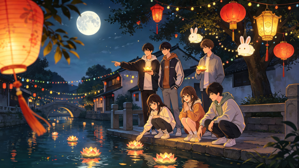 中秋公园朋友放水灯河灯漫画风插画