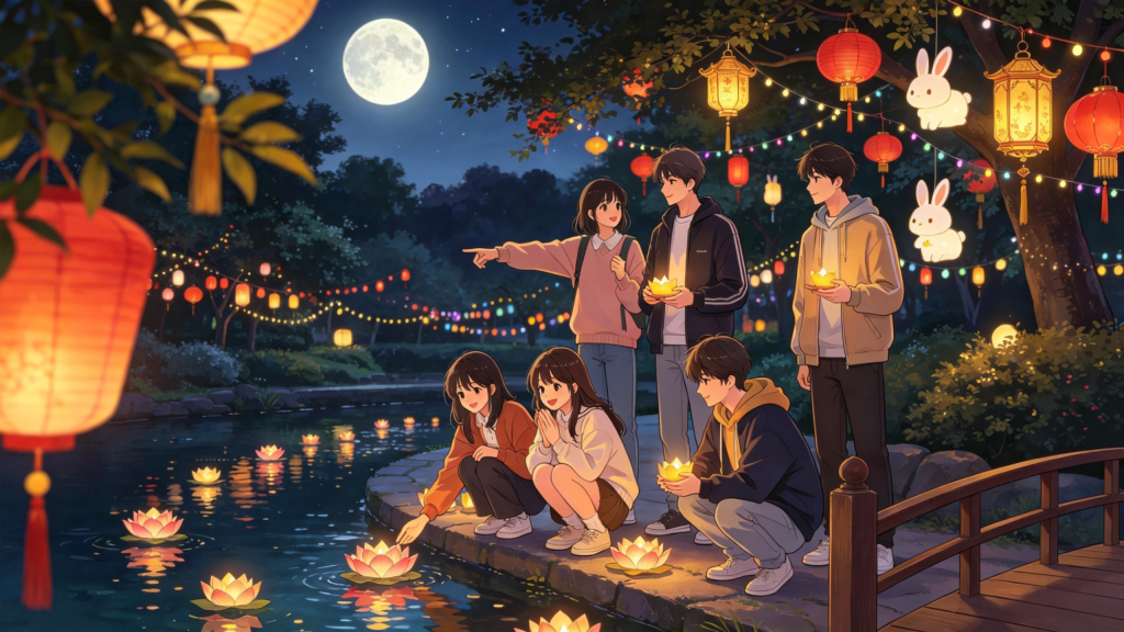 中秋公园朋友放水灯河灯漫画风插画