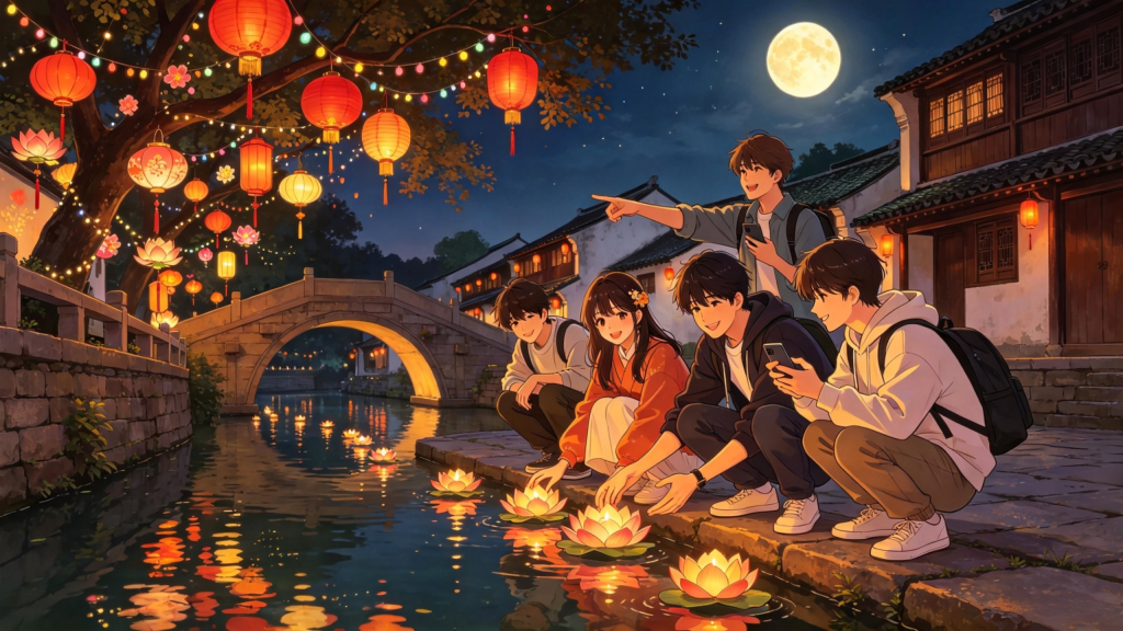 中秋公园朋友放水灯河灯漫画风插画