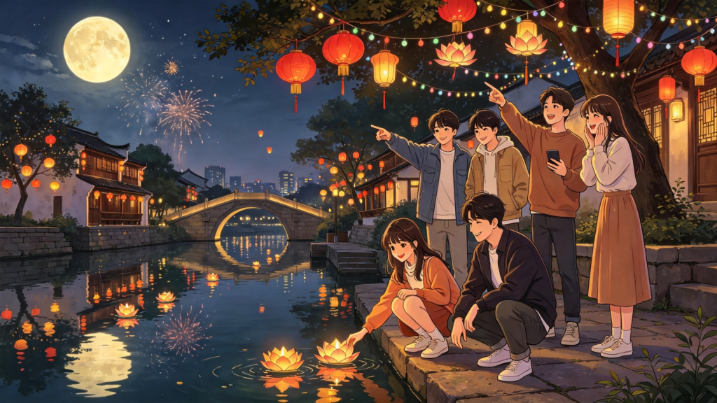中秋公园朋友放水灯河灯漫画风插画