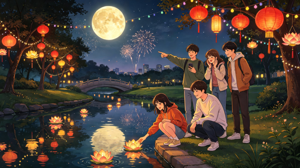 中秋公园朋友放水灯河灯漫画风插画