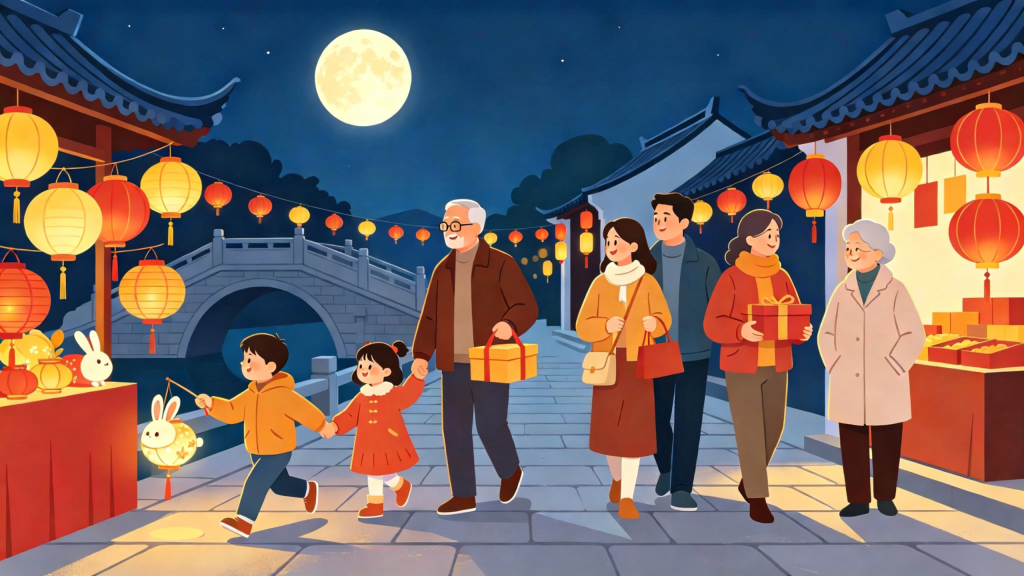 中秋家庭逛集市扁平风插画