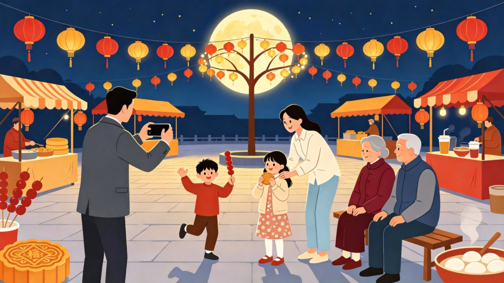 中秋家庭逛集市扁平风插画