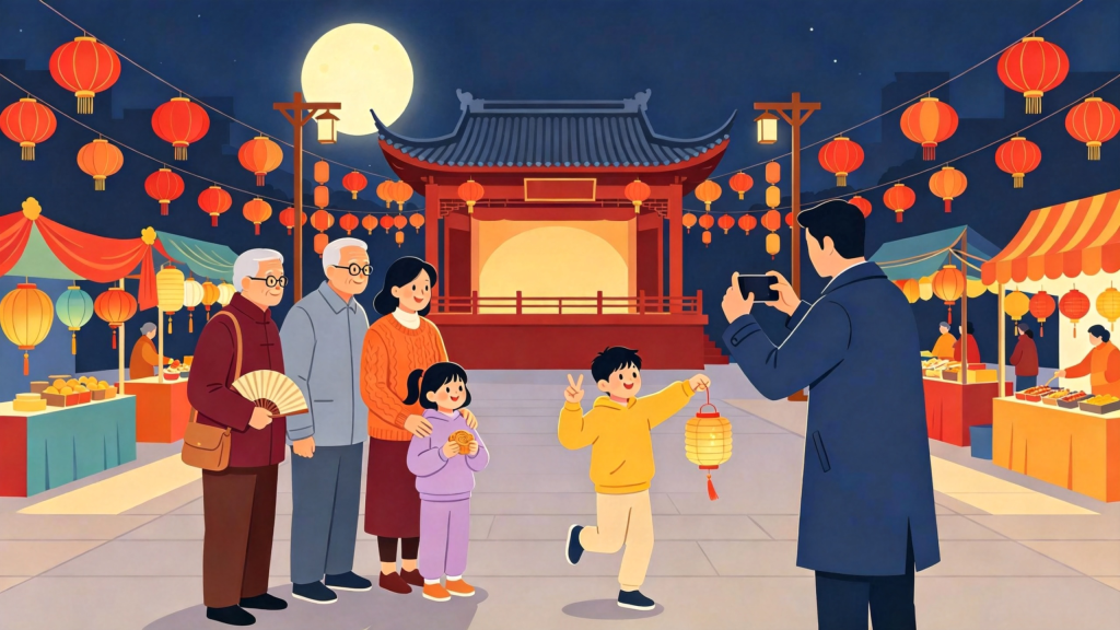 中秋家庭逛集市扁平风插画