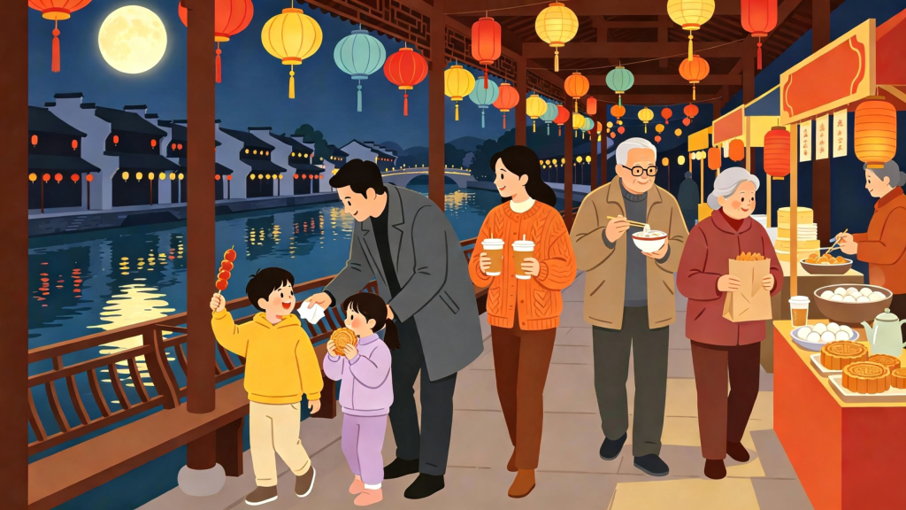 中秋家庭逛集市扁平风插画