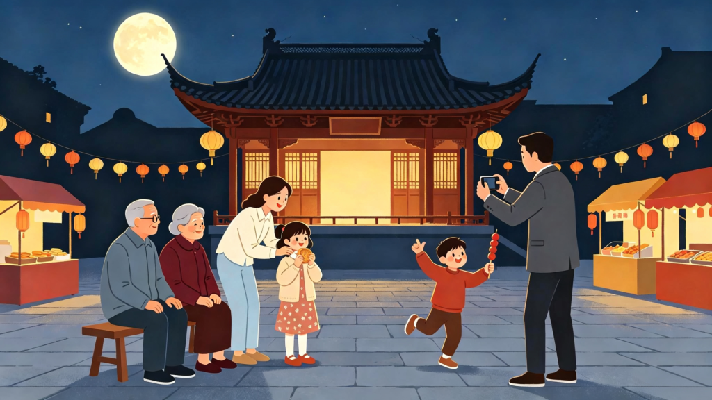 中秋家庭逛集市扁平风插画