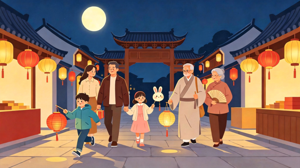 中秋家庭逛集市扁平风插画