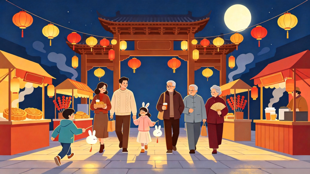 中秋家庭逛集市扁平风插画