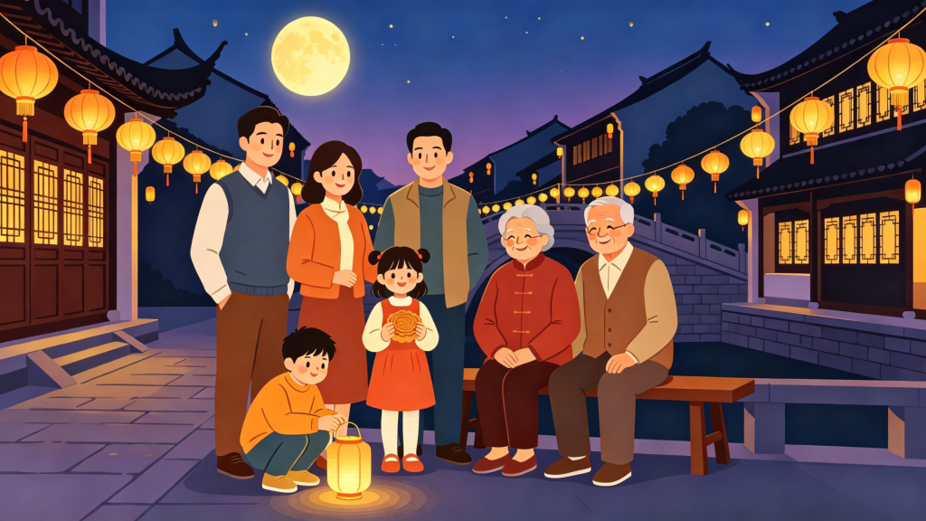 中秋家庭逛集市扁平风插画