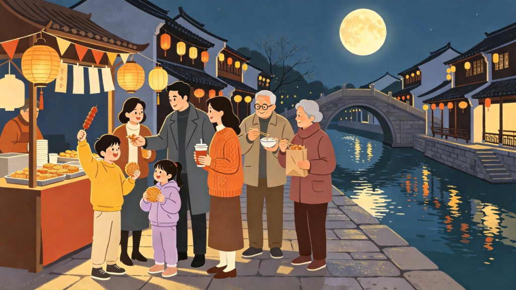 中秋家庭逛集市扁平风插画