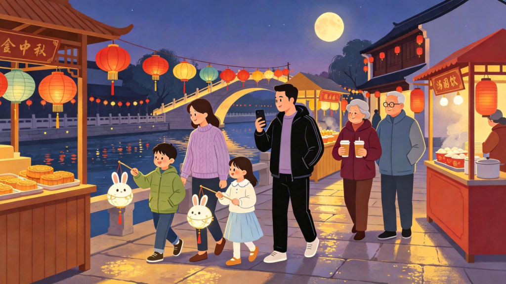 中秋家庭逛庙会扁平风插画