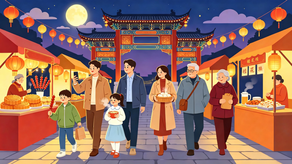 中秋家庭逛庙会扁平风插画