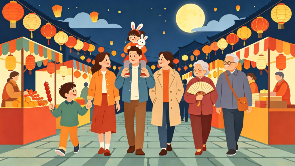 中秋家庭逛庙会扁平风插画