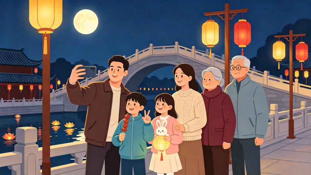 中秋家庭逛庙会扁平风插画