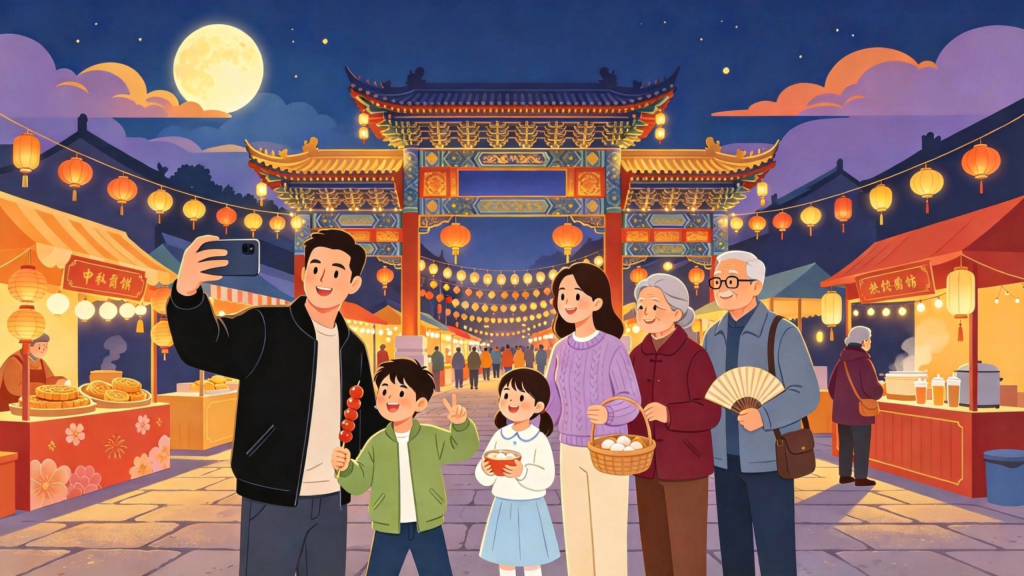 中秋家庭逛庙会扁平风插画