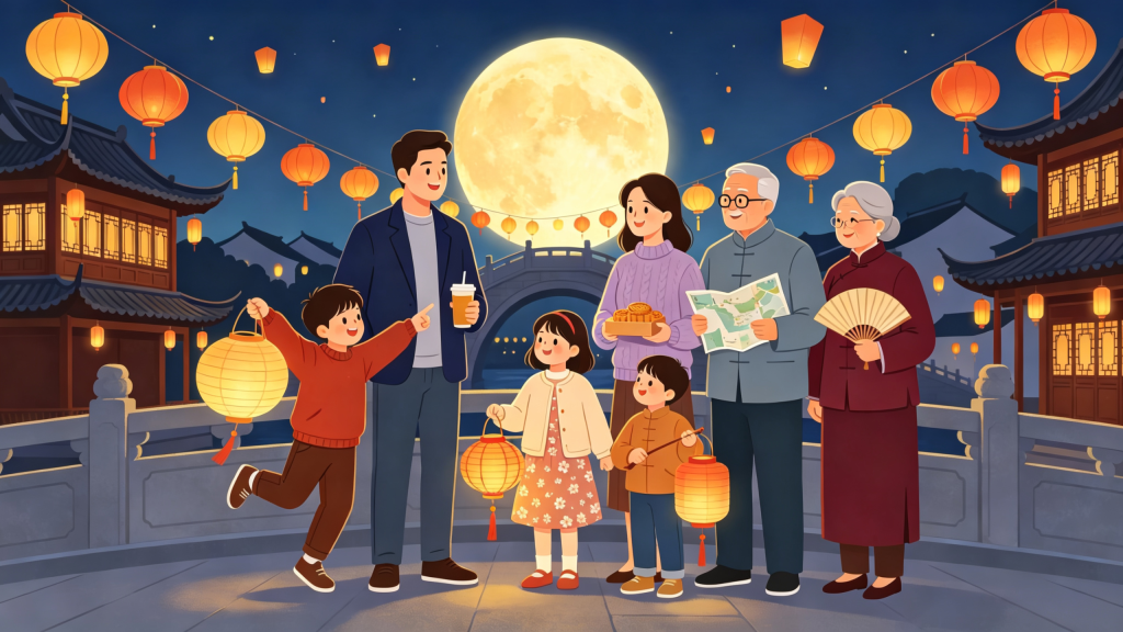 中秋家庭逛庙会扁平风插画
