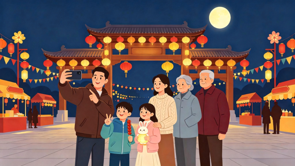 中秋家庭逛庙会扁平风插画