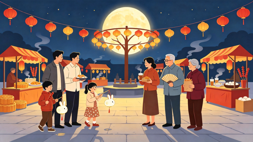 中秋家庭逛庙会扁平风插画