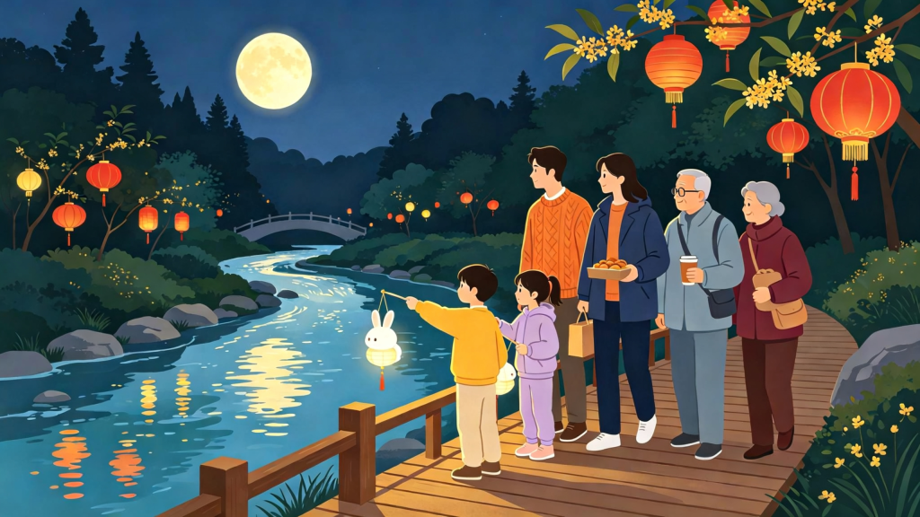 中秋家庭公园散步扁平风插画