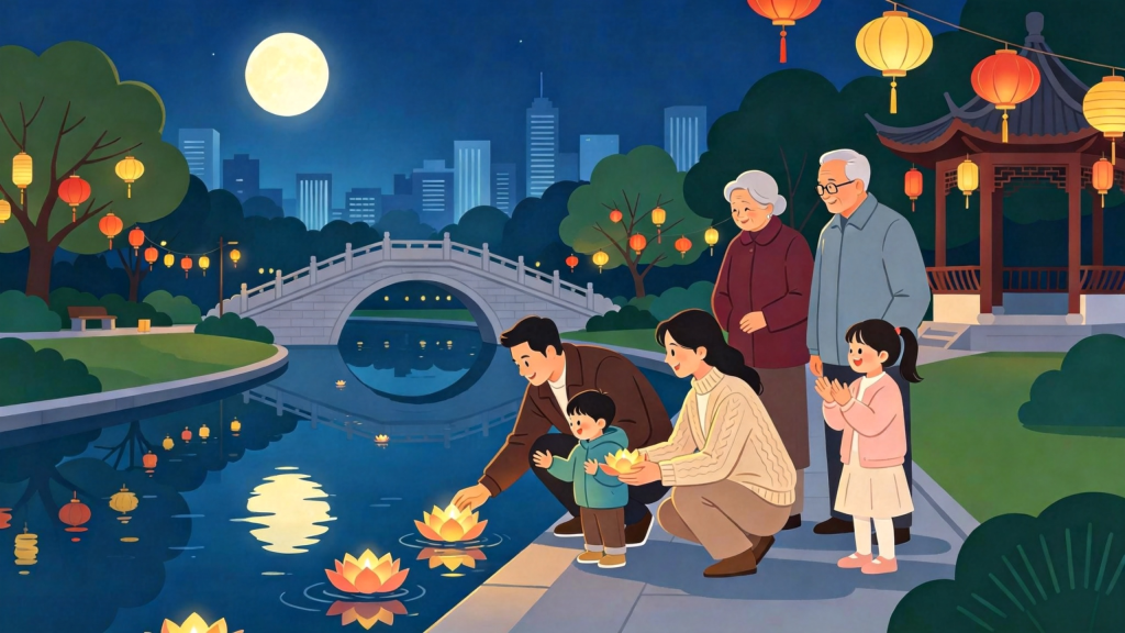 中秋家庭放河灯水灯扁平风插画