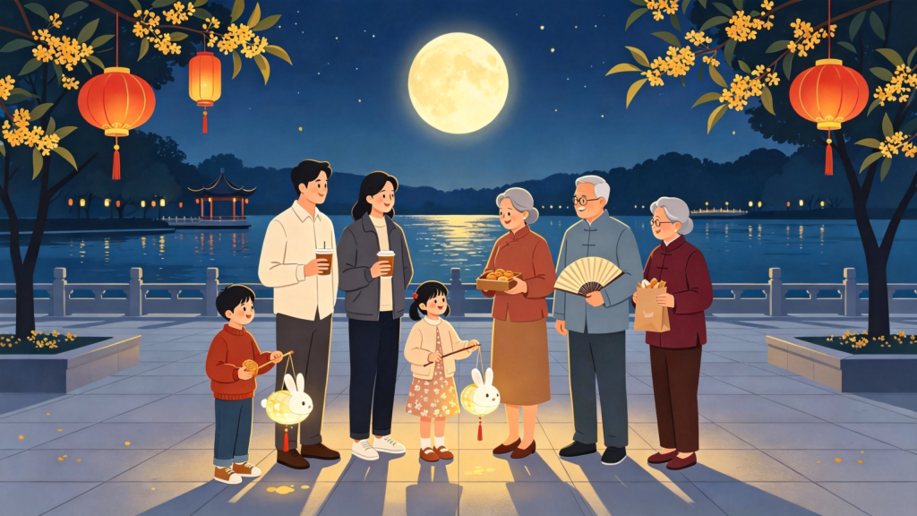 中秋家庭公园散步扁平风插画