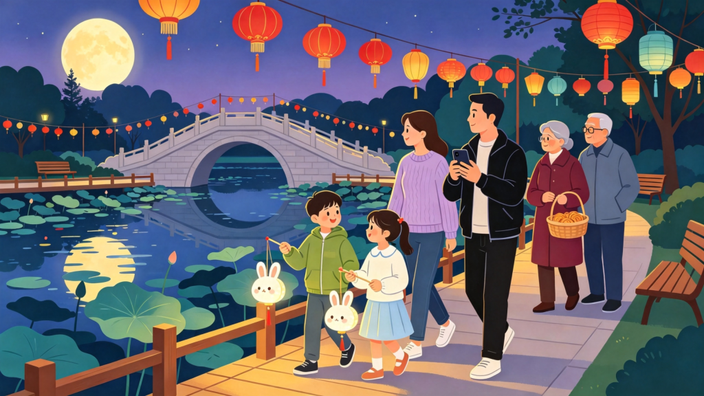 中秋家庭公园散步扁平风插画