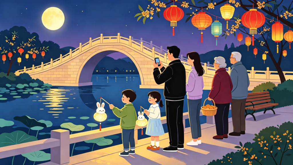 中秋家庭公园散步扁平风插画