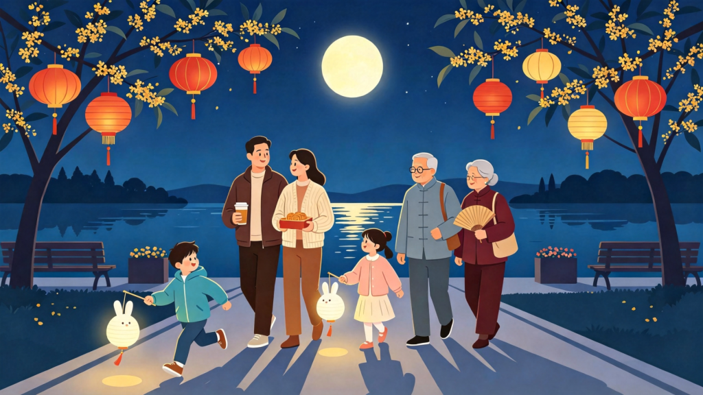 中秋家庭公园散步扁平风插画