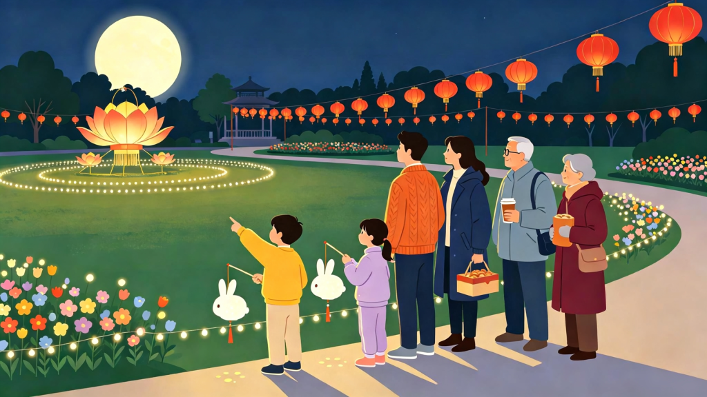 中秋家庭公园散步扁平风插画